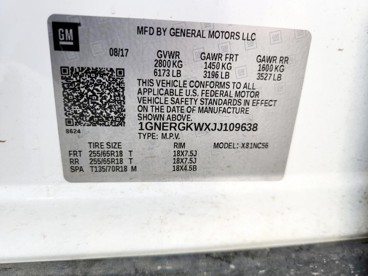 2018 Chevrolet Traverse Lt VIN: 1GNERGKWXJJ109638 Lot: 61358505