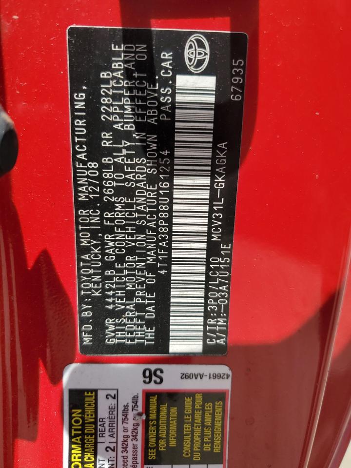 2008 Toyota Camry Solara Se VIN: 4T1FA38P88U161254 Lot: 62474335