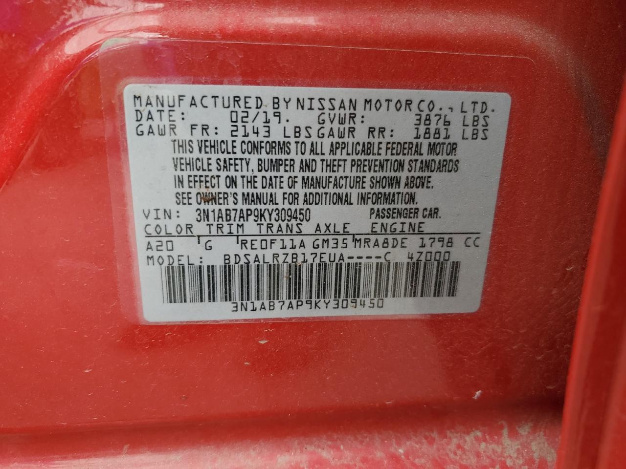 2019 Nissan Sentra S VIN: 3N1AB7AP9KY309450 Lot: 62490165