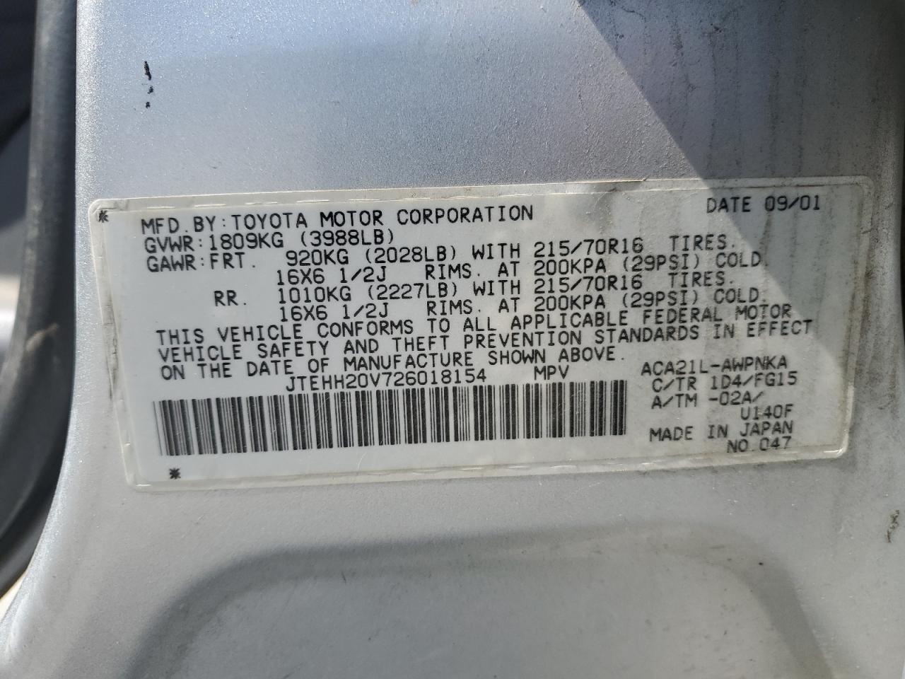 2002 Toyota Rav4 VIN: JTEHH20V726018154 Lot: 62097385