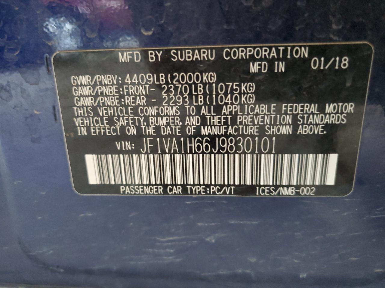 2018 Subaru Wrx Limited VIN: JF1VA1H66J9830101 Lot: 62372655