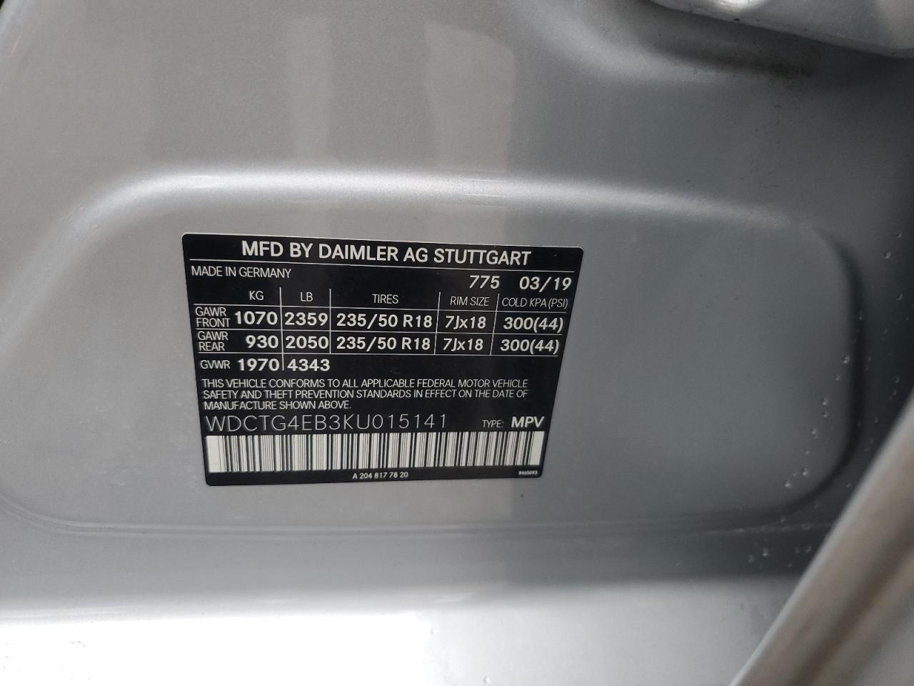 2019 Mercedes-Benz Gla 250 VIN: WDCTG4EB3KU015141 Lot: 60890425