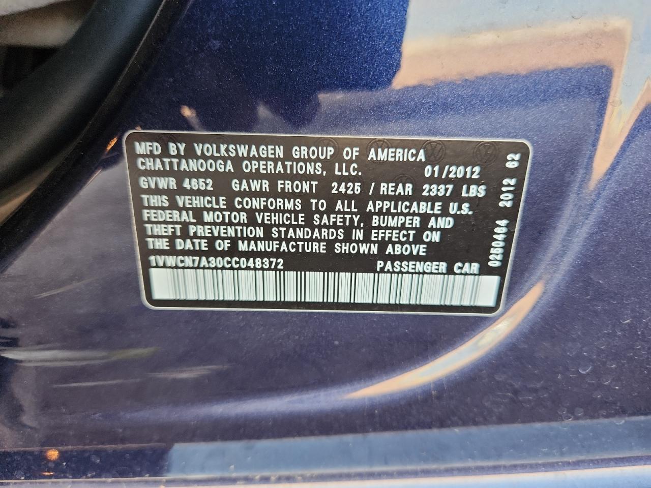 2012 Volkswagen Passat Sel VIN: 1VWCN7A30CC048372 Lot: 60564135