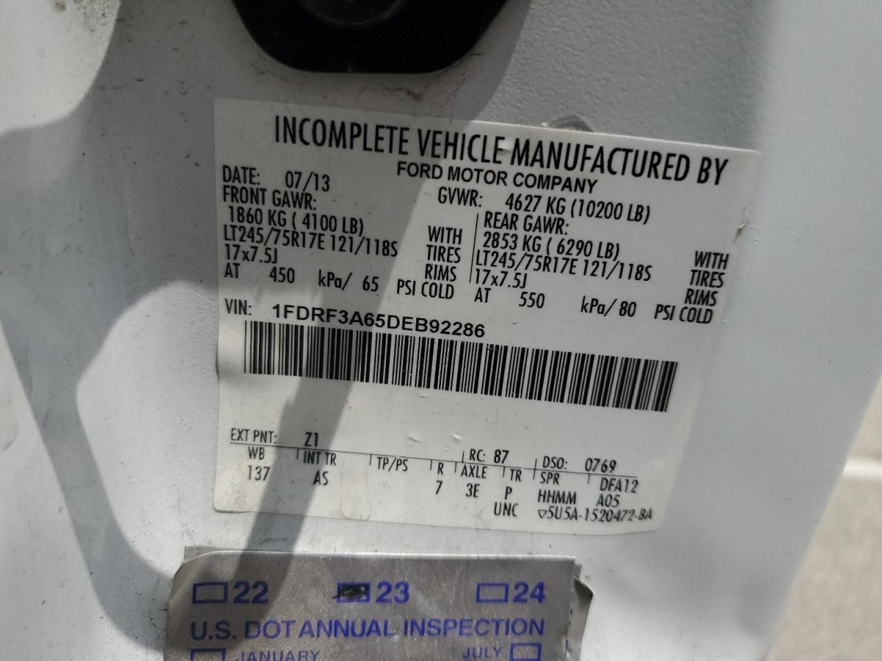 2013 Ford F350 Super Duty VIN: 1FDRF3A65DEB92286 Lot: 59272765