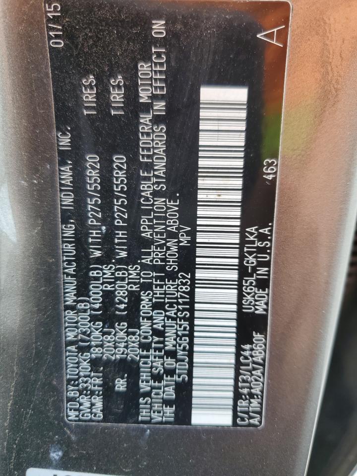 2015 Toyota Sequoia Limited VIN: 5TDJY5G15FS117832 Lot: 61615035