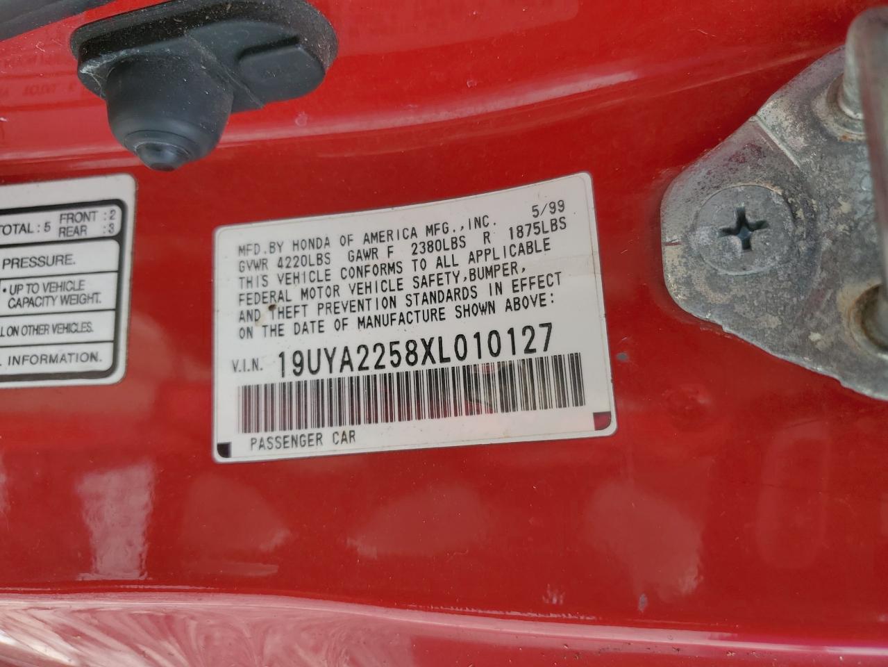 1999 Acura 3.0Cl VIN: 19UYA2258XL010127 Lot: 60851065