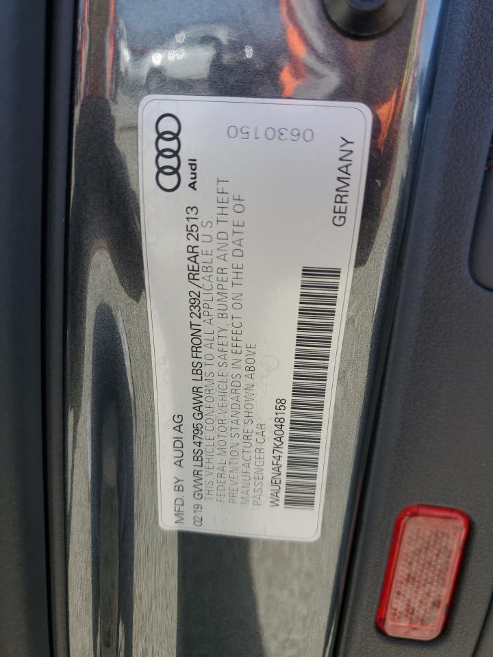 2019 Audi A4 Premium Plus VIN: WAUENAF47KA048158 Lot: 61174795