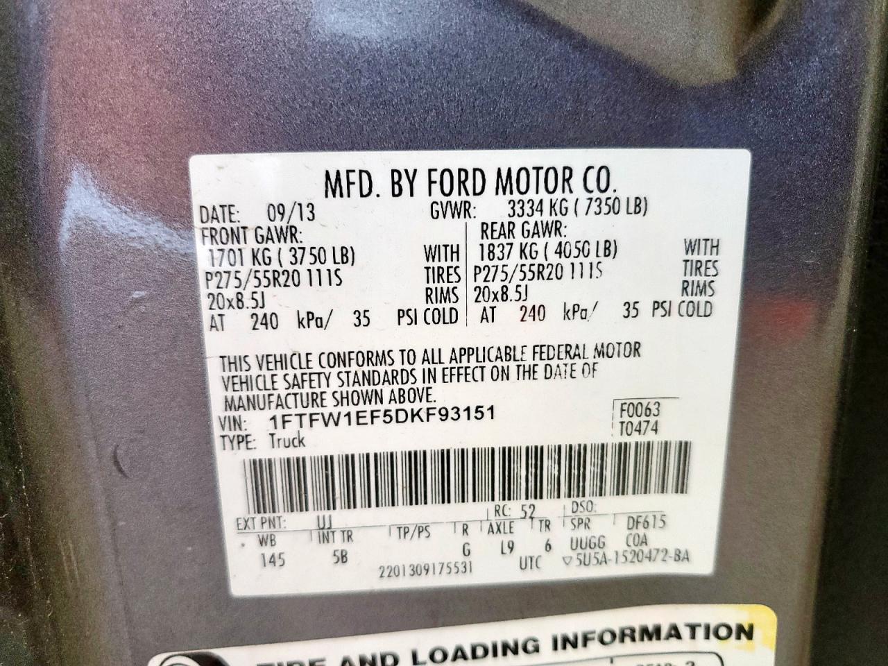 2013 Ford F150 Supercrew VIN: 1FTFW1EF5DKF93151 Lot: 59300215