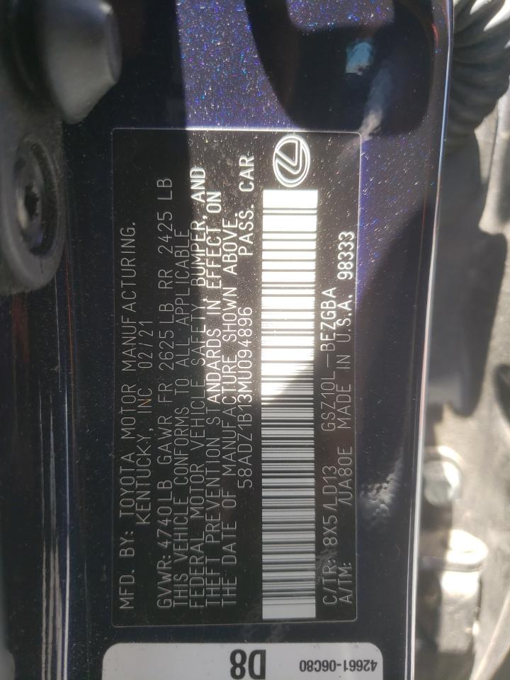 2021 Lexus Es 350 Base VIN: 58ADZ1B13MU094896 Lot: 62229735