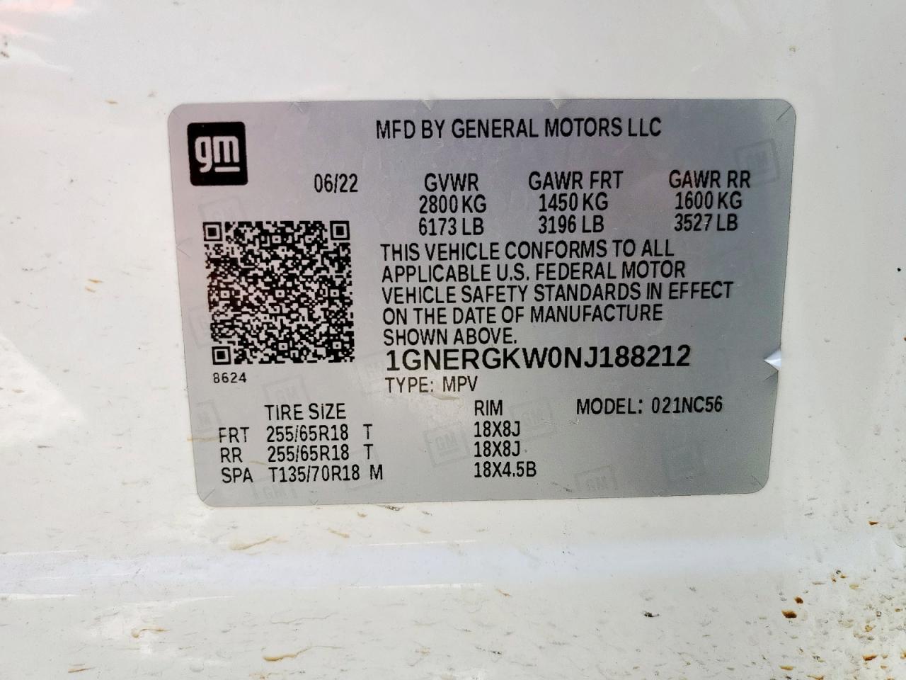 2022 Chevrolet Traverse Lt VIN: 1GNERGKW0NJ188212 Lot: 62891895