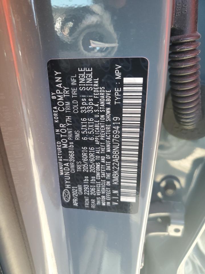 2022 Hyundai Kona Sel VIN: KM8K22AB8NU769419 Lot: 62493365