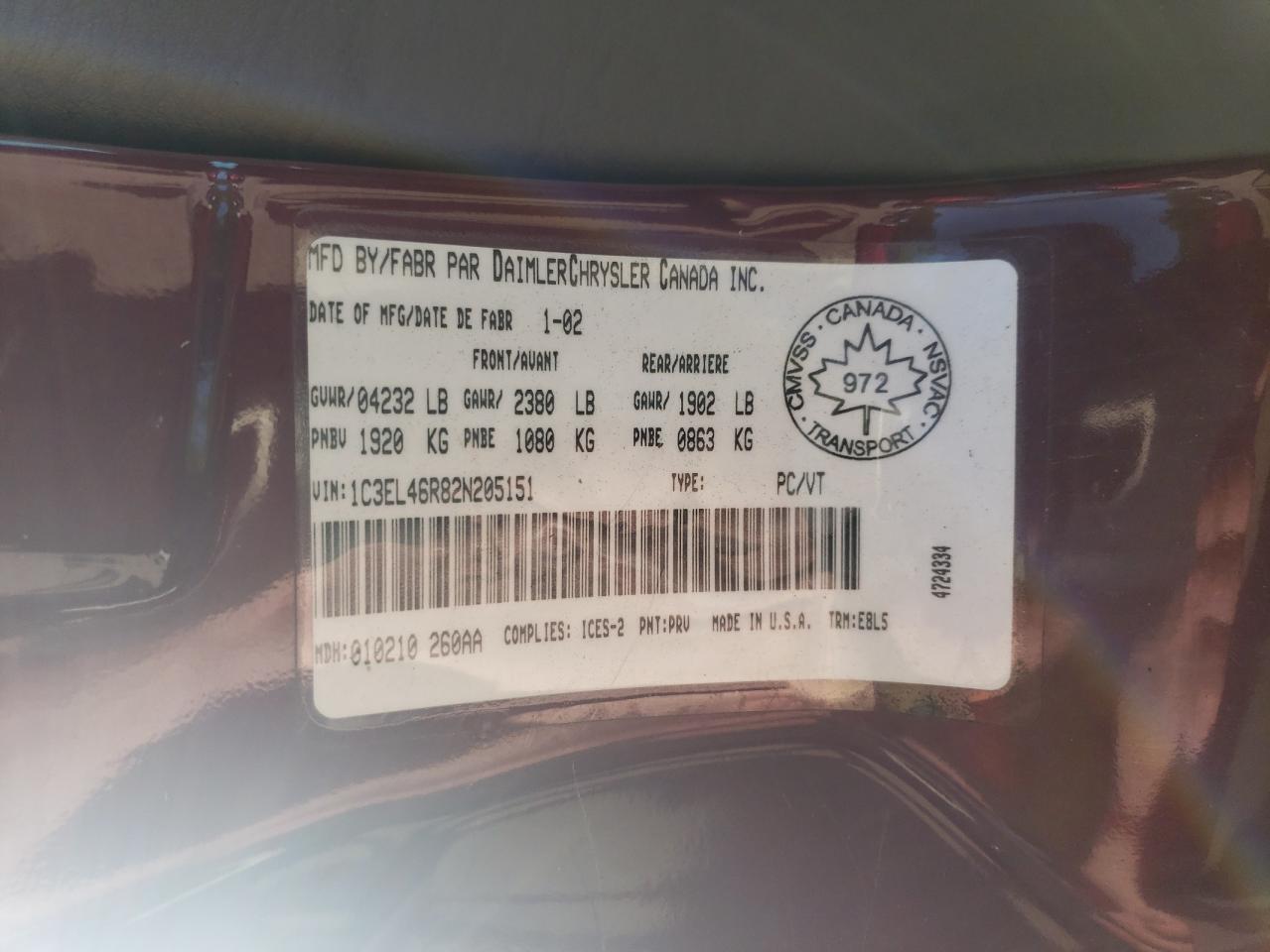 2002 Chrysler Sebring Lx VIN: 1C3EL46R82N205151 Lot: 61896945