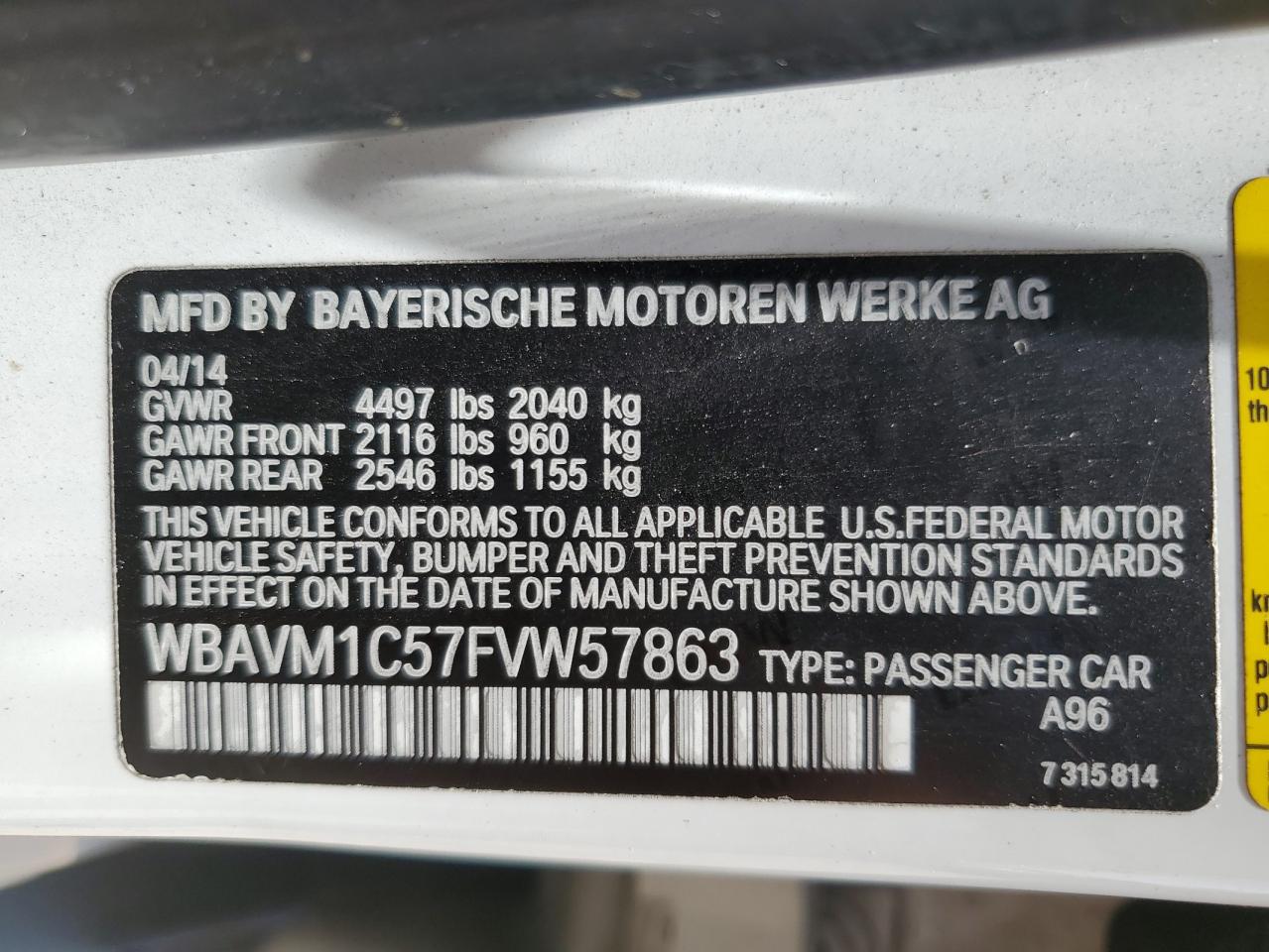 2015 BMW X1 Sdrive28I VIN: WBAVM1C57FVW57863 Lot: 62065165