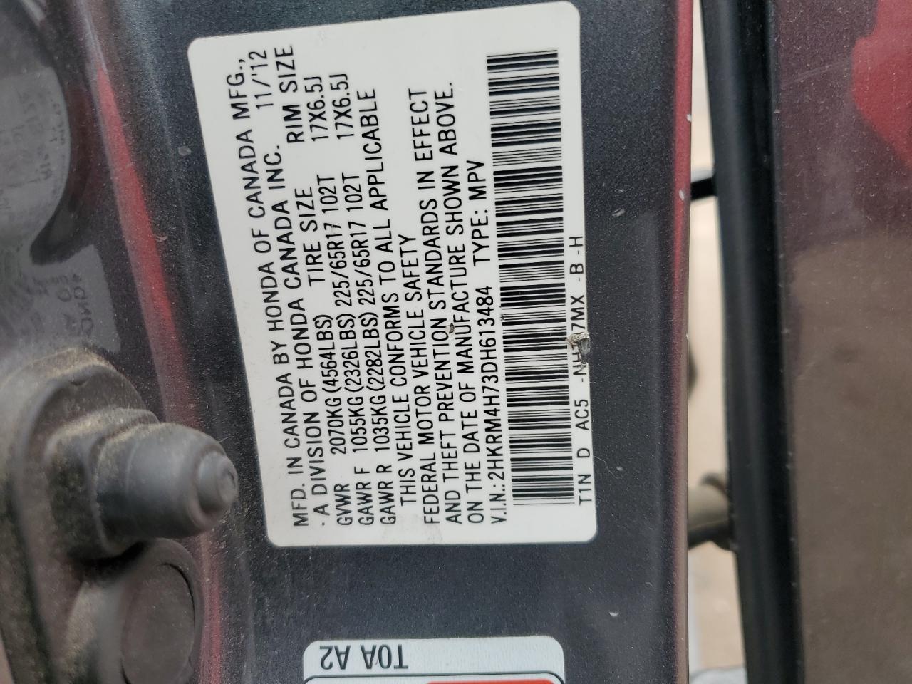 2013 Honda Cr-V Exl VIN: 2HKRM4H73DH613484 Lot: 58178705