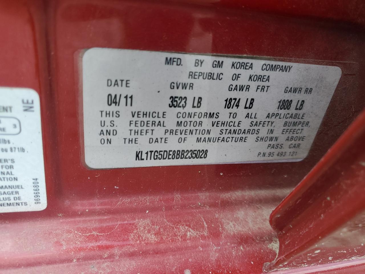 2011 Chevrolet Aveo Lt VIN: KL1TG5DE8BB235028 Lot: 60539125