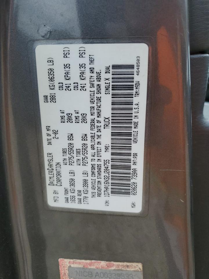 2002 Dodge Ram 1500 VIN: 1D7HA16N32J204755 Lot: 62875035
