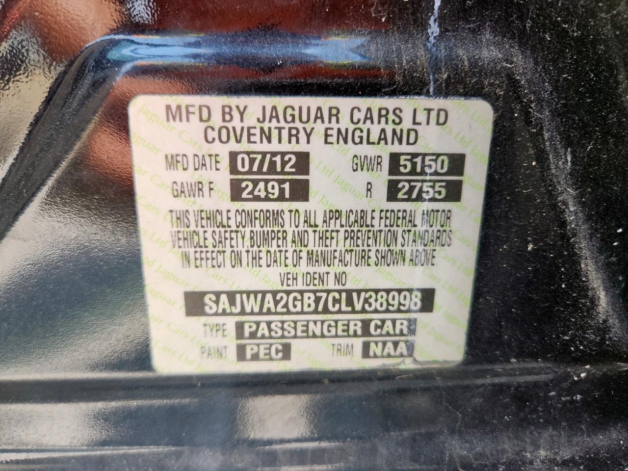 2012 Jaguar Xjl VIN: SAJWA2GB7CLV38998 Lot: 59899135