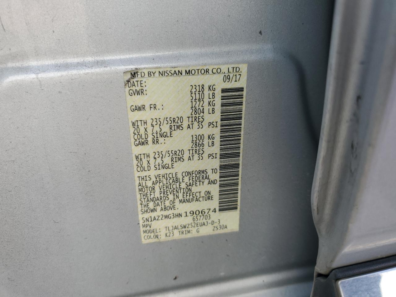2017 Nissan Murano S VIN: 5N1AZ2MG3HN190674 Lot: 61093485