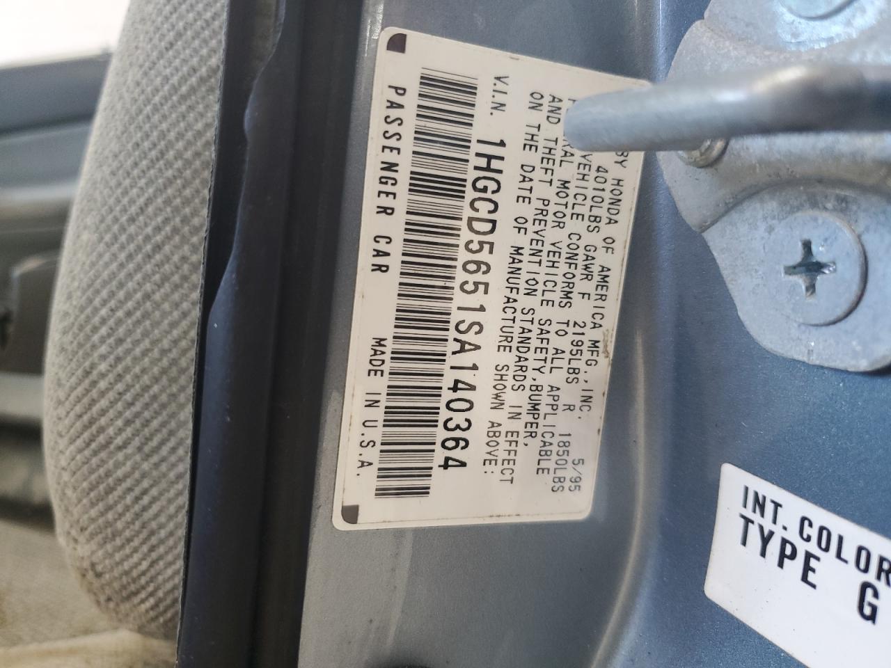 1995 Honda Accord Ex VIN: 1HGCD5651SA140364 Lot: 62404675