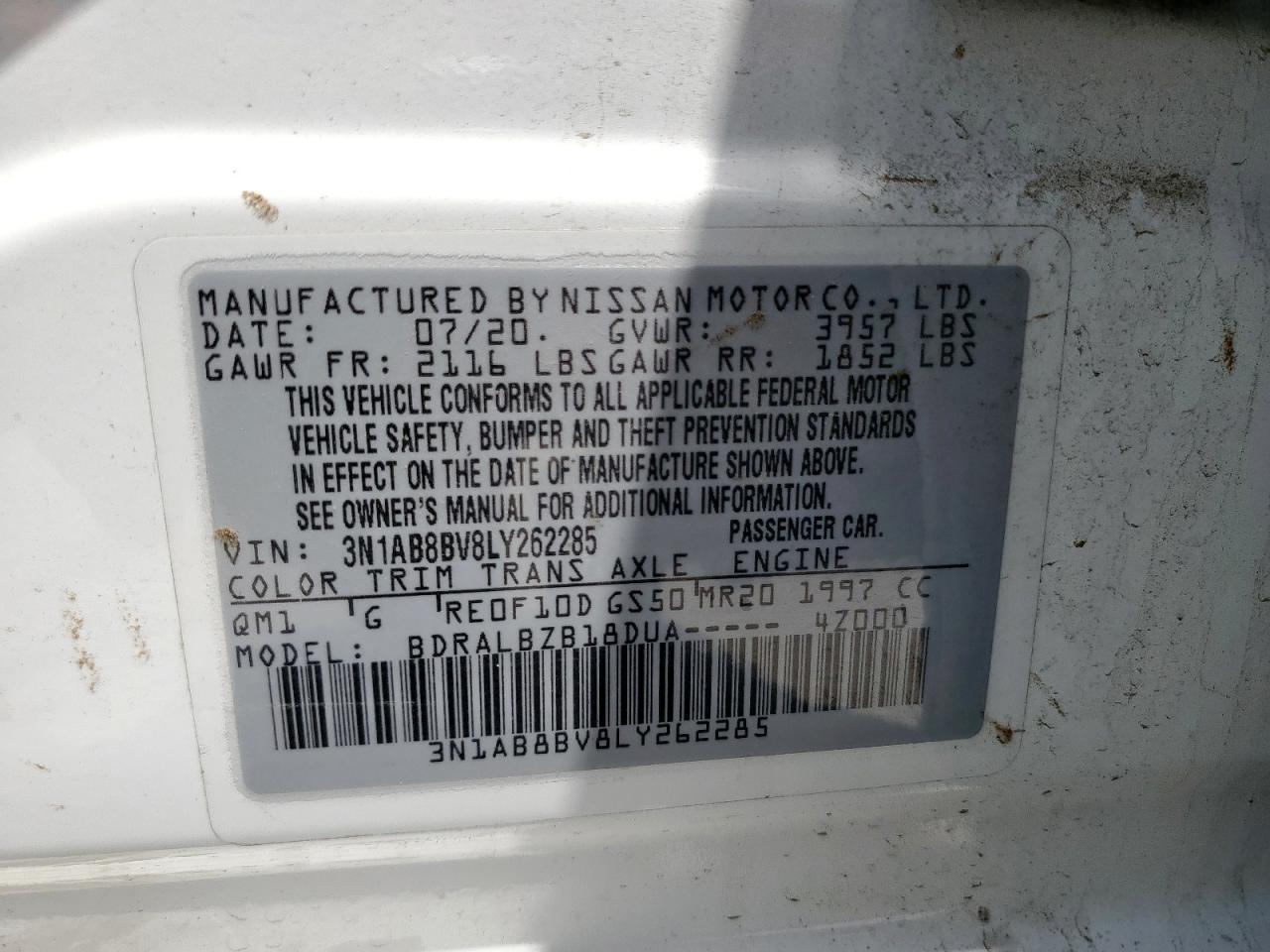 2020 Nissan Sentra S VIN: 3N1AB8BV8LY262285 Lot: 59209655