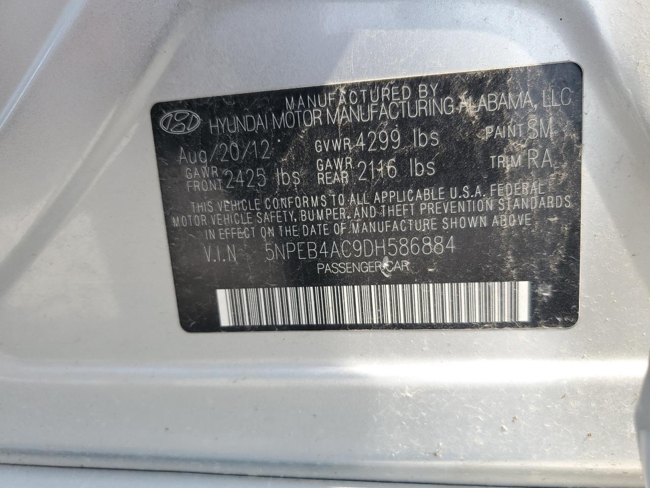 2013 Hyundai Sonata Gls VIN: 5NPEB4AC9DH586884 Lot: 60304345