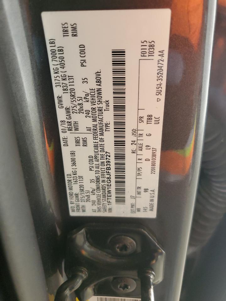 2018 Ford F150 Supercrew VIN: 1FTEW1EG8JFB39727 Lot: 59369905