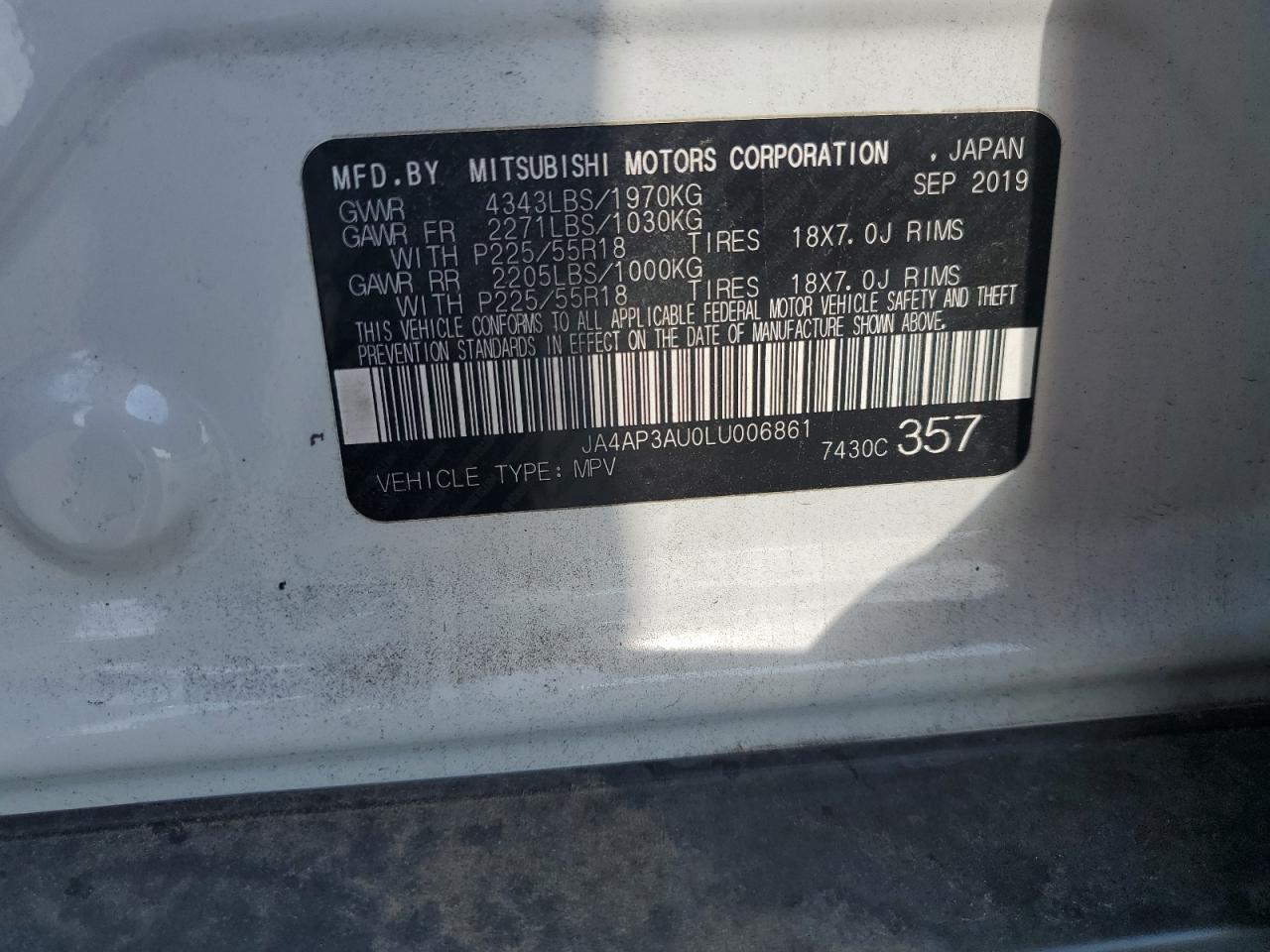 2020 Mitsubishi Outlander Sport Es VIN: JA4AP3AU0LU006861 Lot: 62745755