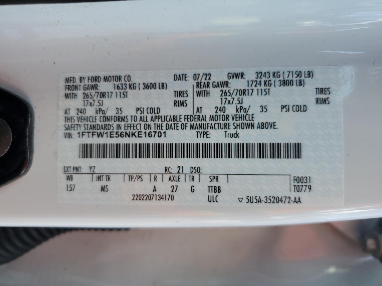 2022 Ford F150 Supercrew VIN: 1FTFW1E56NKE16701 Lot: 61144055
