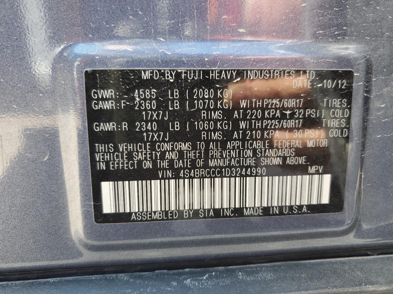 2013 Subaru Outback 2.5I Premium VIN: 4S4BRCCC1D3244990 Lot: 62420305