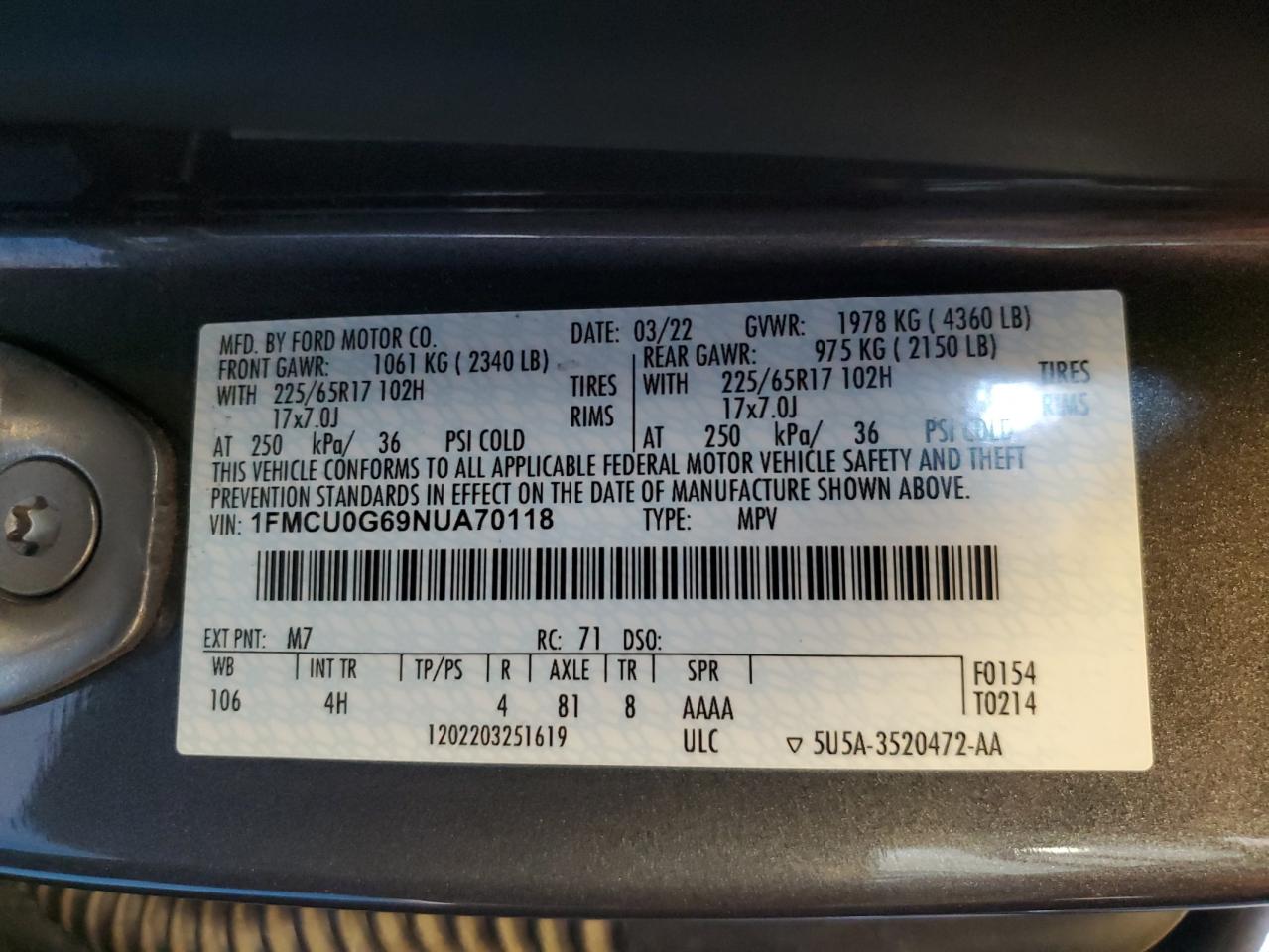 2022 Ford Escape Se VIN: 1FMCU0G69NUA70118 Lot: 62036645