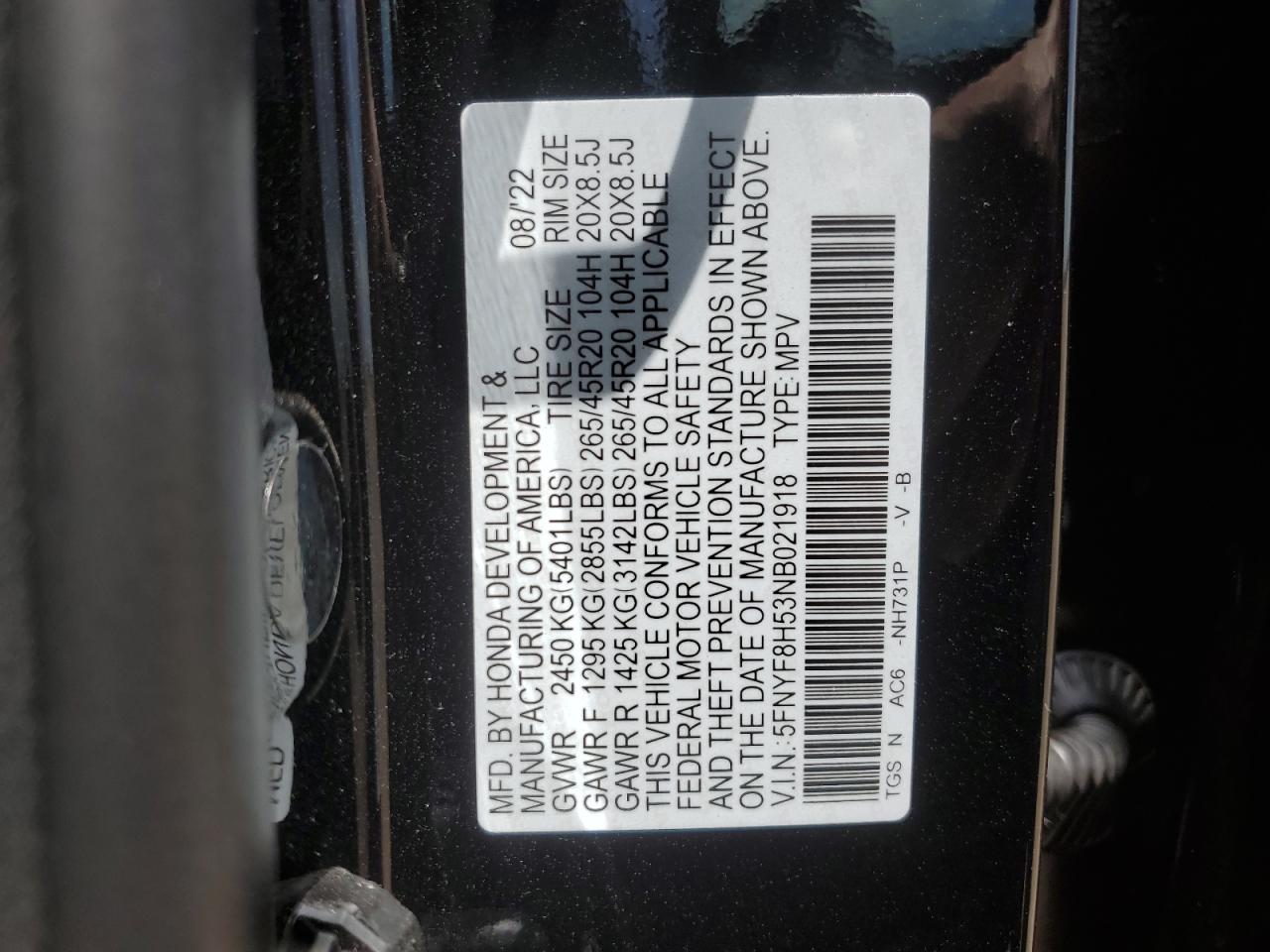 2022 Honda Passport Exl VIN: 5FNYF8H53NB021918 Lot: 61624245