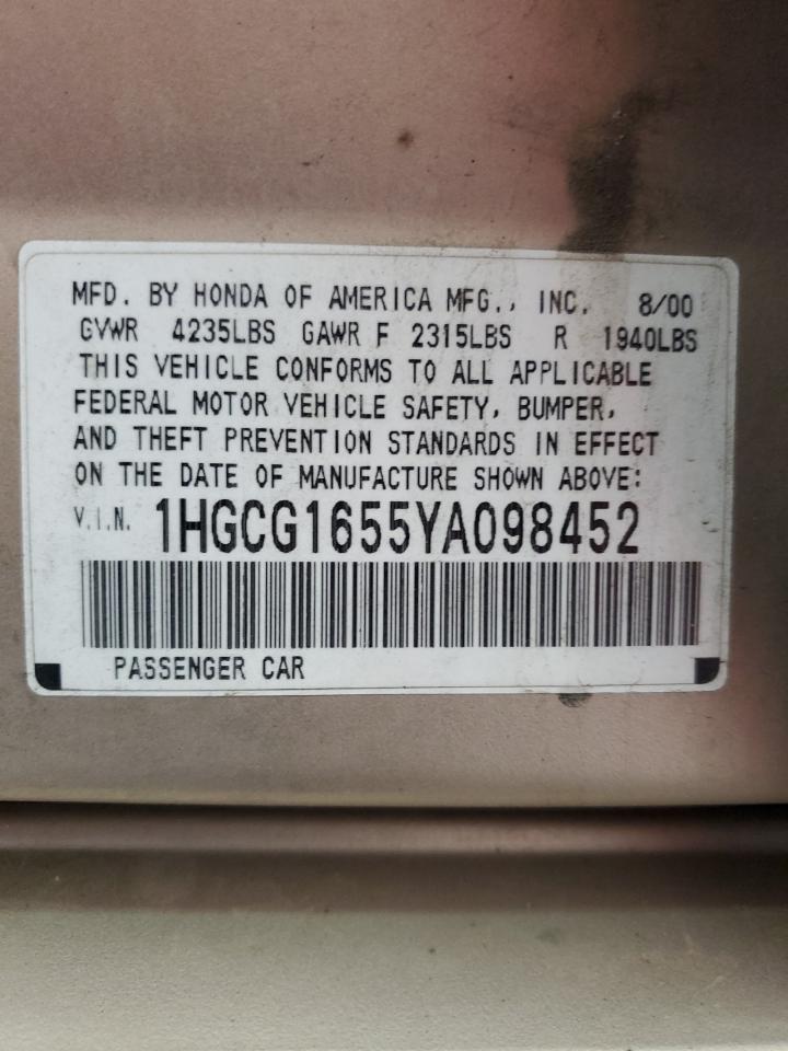 2000 Honda Accord Ex VIN: 1HGCG1655YA098452 Lot: 60937805