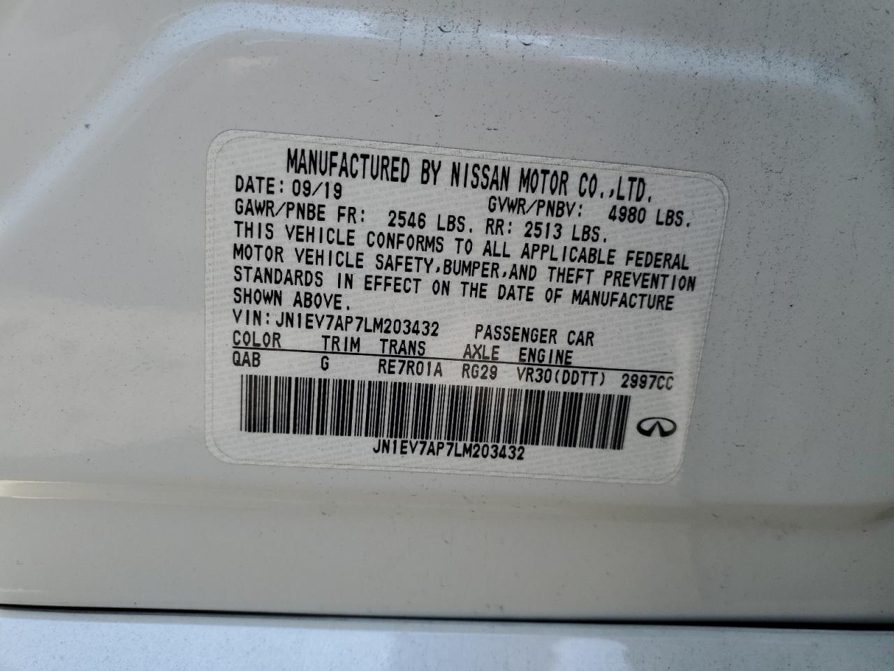 2020 Infiniti Q50 Pure VIN: JN1EV7AP7LM203432 Lot: 62589805
