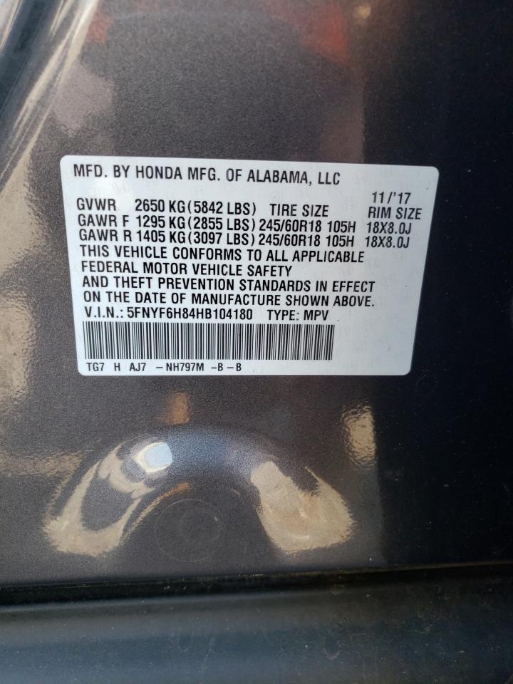 2017 Honda Pilot Exl VIN: 5FNYF6H84HB104180 Lot: 60949585