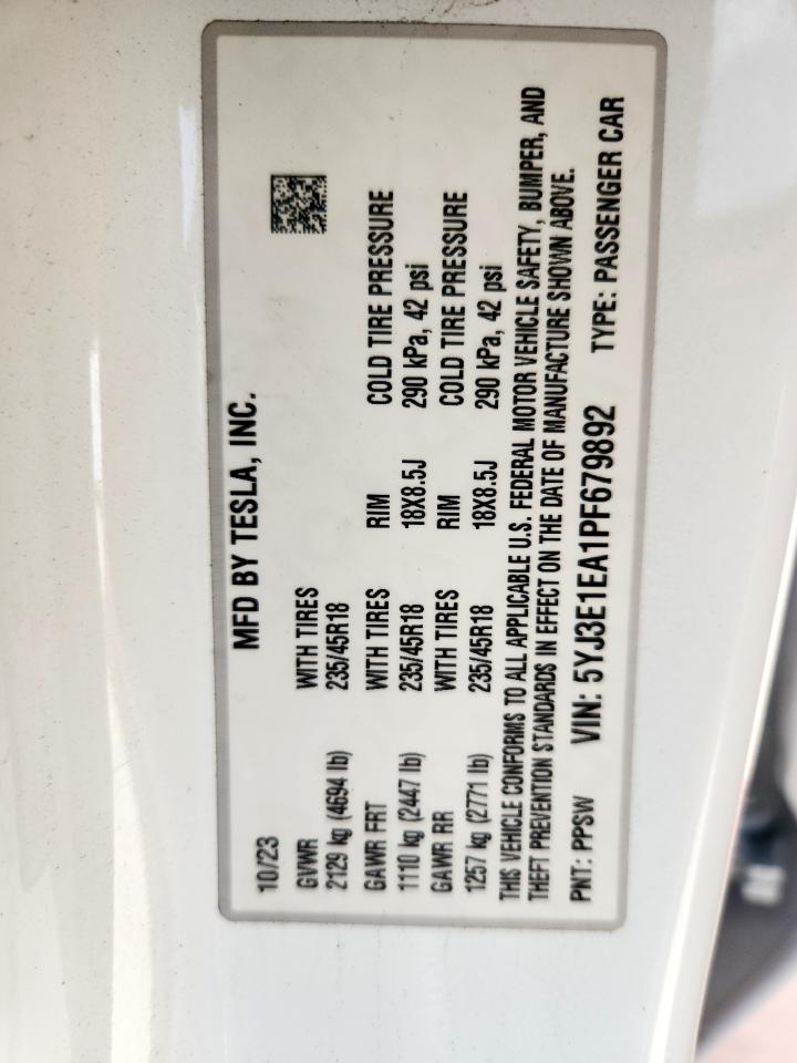 2023 Tesla Model 3 VIN: 5YJ3E1EA1PF679892 Lot: 63107875