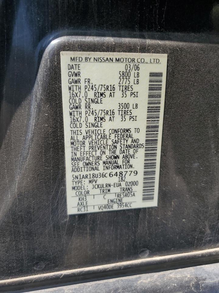 2006 Nissan Pathfinder Le VIN: 5N1AR18U36C648779 Lot: 62191105