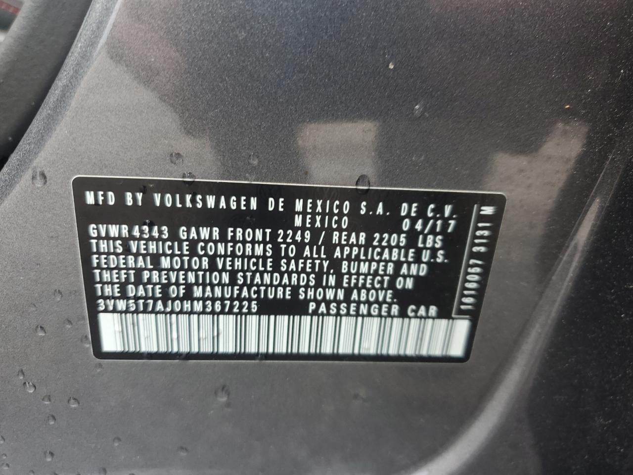 2017 Volkswagen Jetta Gli VIN: 3VW5T7AJ0HM367225 Lot: 62702205