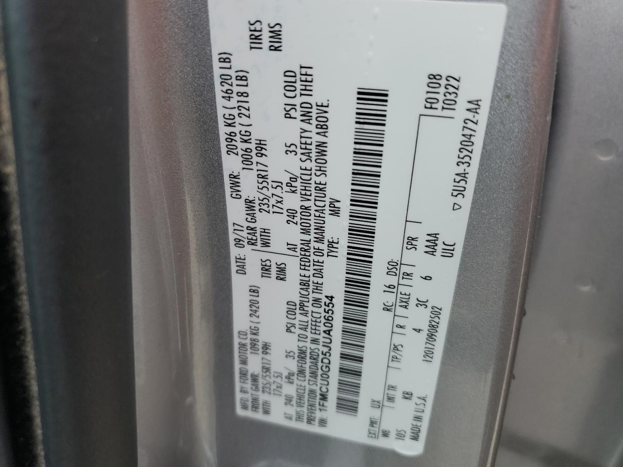 2018 Ford Escape Se VIN: 1FMCU0GD5JUA06554 Lot: 61616695