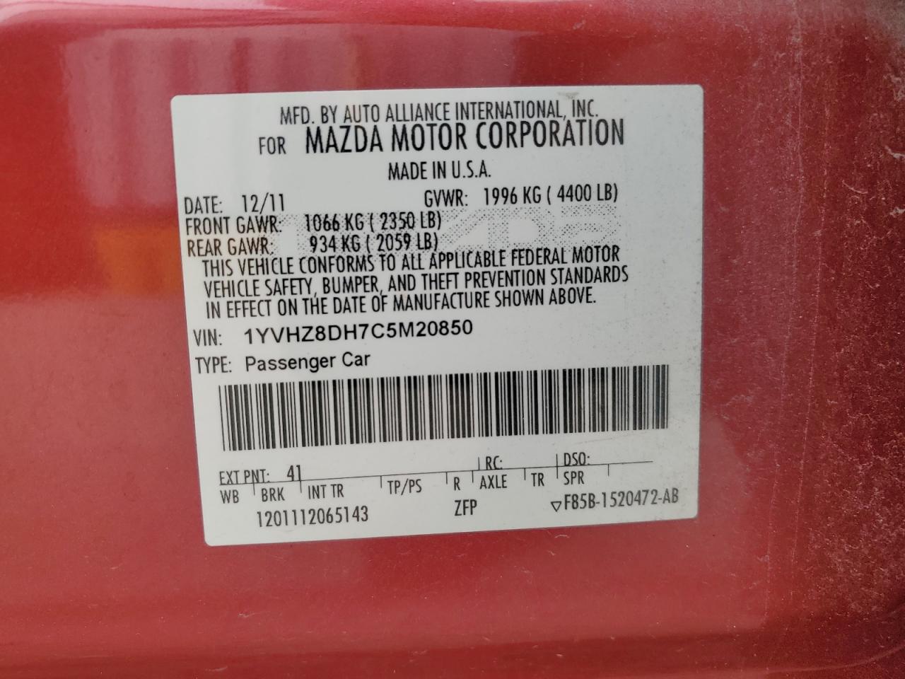 2012 Mazda 6 I VIN: 1YVHZ8DH7C5M20850 Lot: 62596455