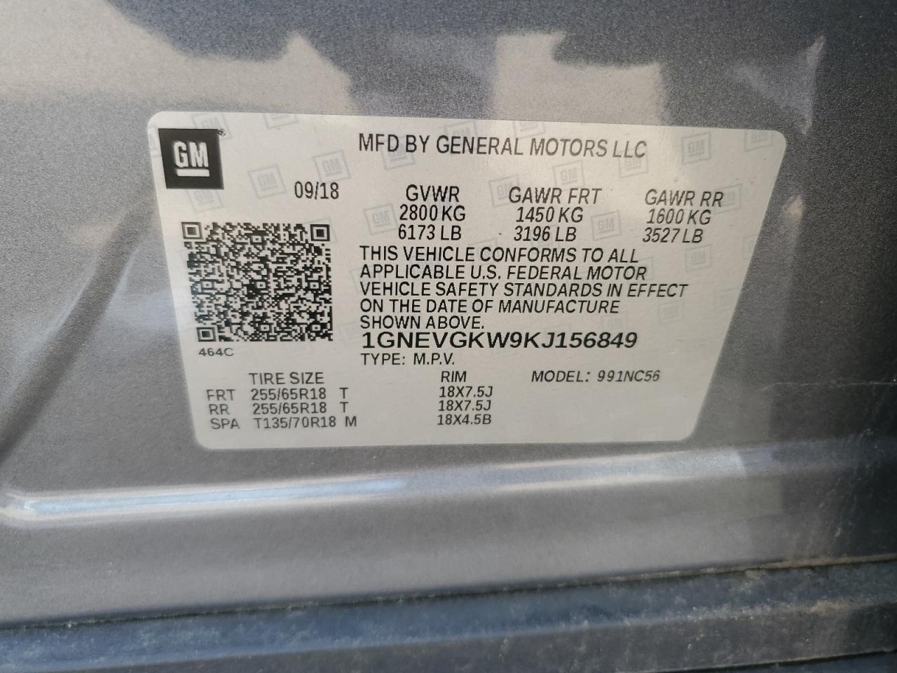 2019 Chevrolet Traverse Lt VIN: 1GNEVGKW9KJ156849 Lot: 62774065