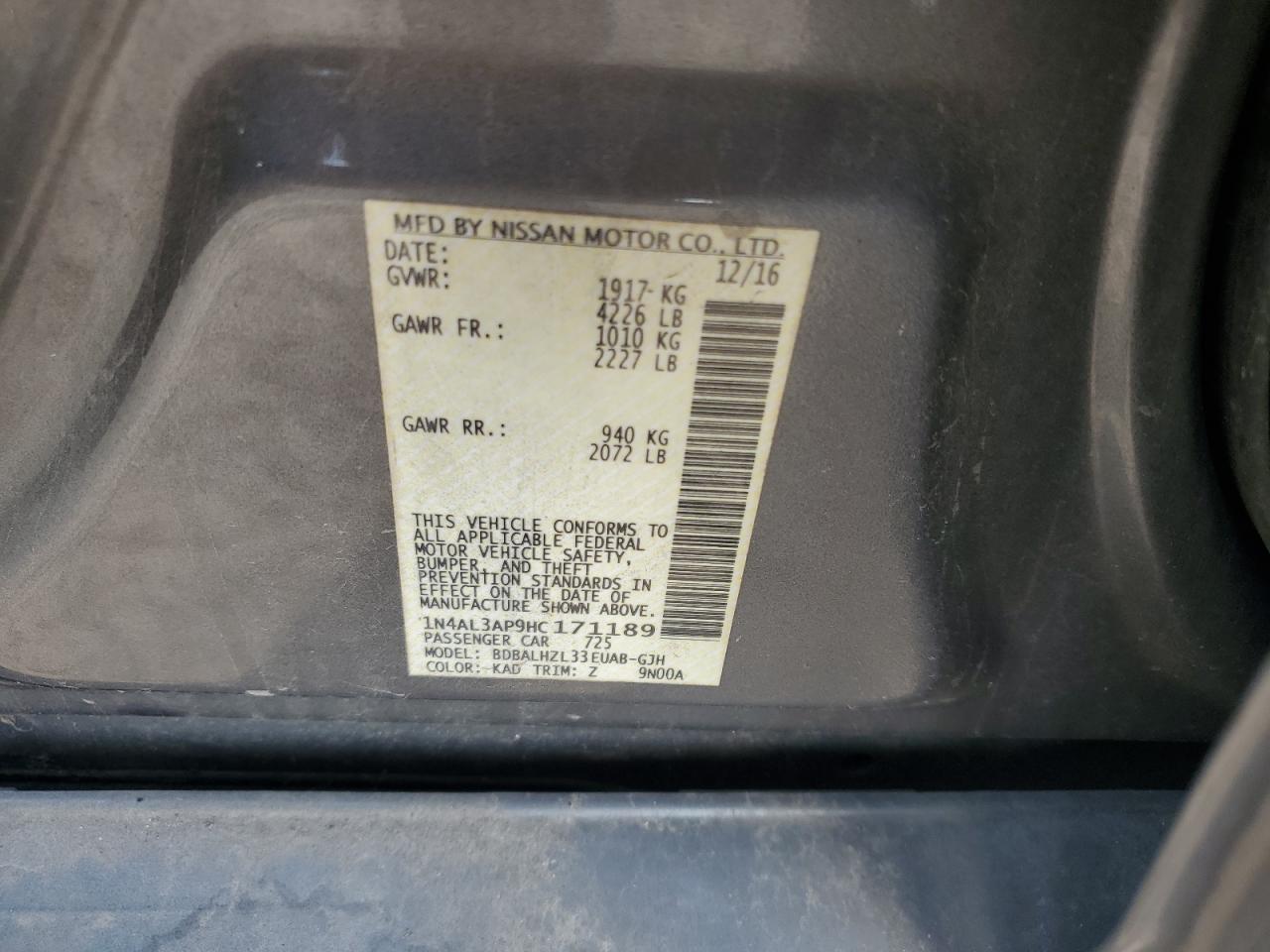 2017 Nissan Altima 2.5 VIN: 1N4AL3AP9HC171189 Lot: 62405225