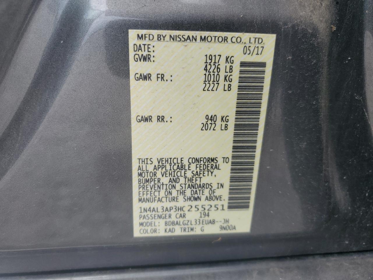 2017 Nissan Altima 2.5 VIN: 1N4AL3AP3HC255251 Lot: 62882245