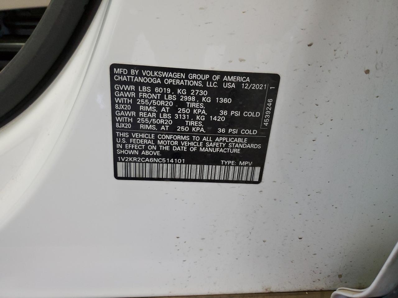 2022 Volkswagen Atlas Se VIN: 1V2KR2CA6NC514101 Lot: 62752975