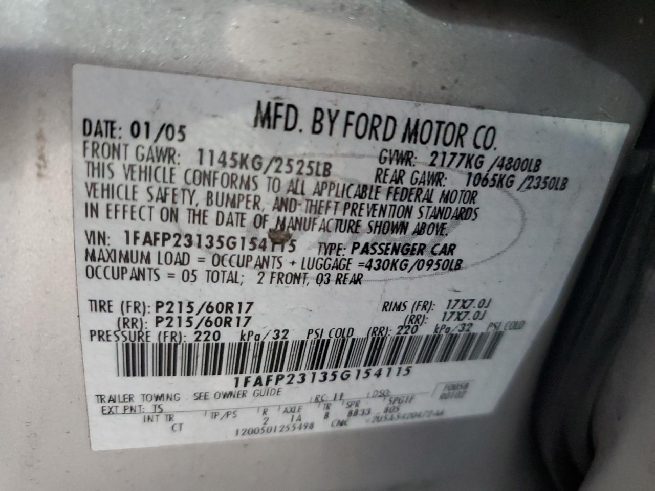 2005 Ford Five Hundred Se VIN: 1FAFP23135G154115 Lot: 61985465