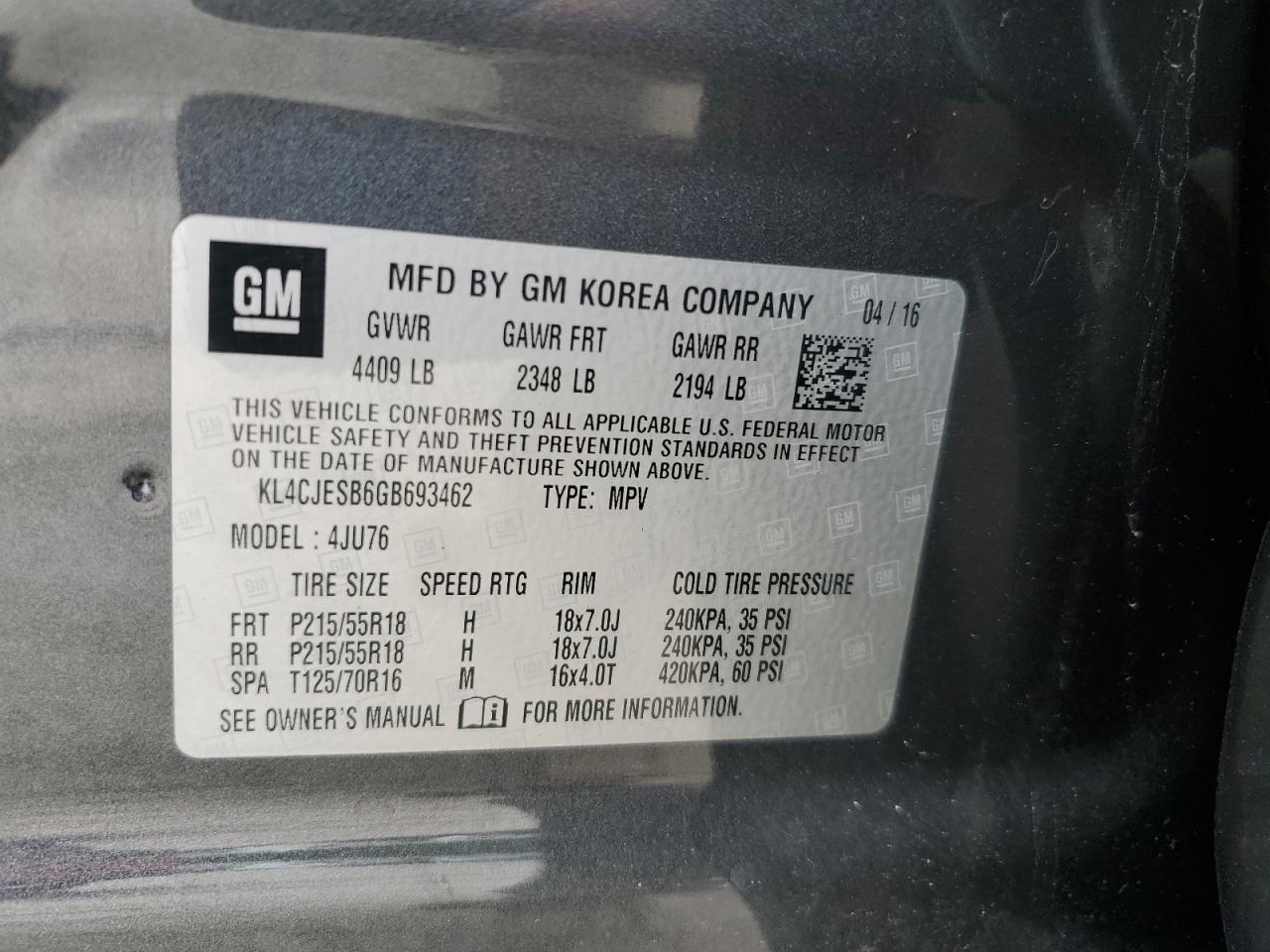 2016 Buick Encore VIN: KL4CJESB6GB693462 Lot: 62712535