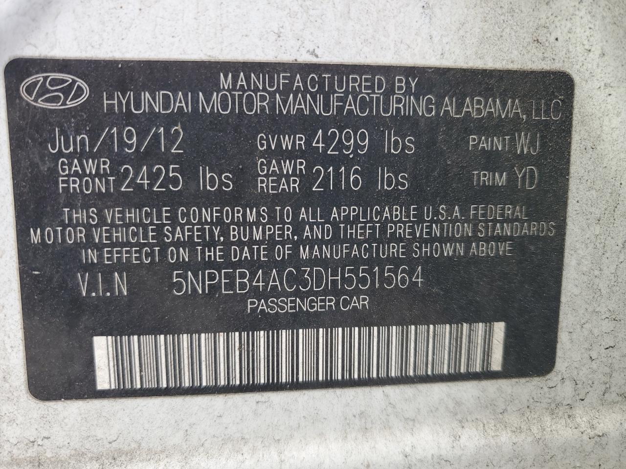 HYUNDAI SONATA 2013 VIN 5NPEB4AC3DH551564 zdjęcie 12