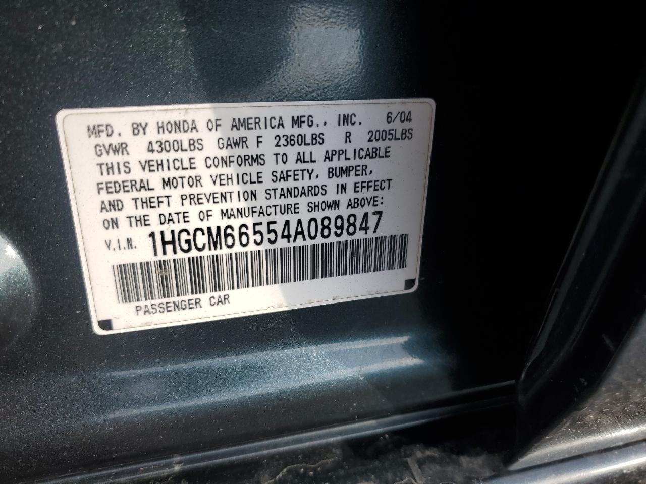 2004 Honda Accord Ex VIN: 1HGCM66554A089847 Lot: 61347475