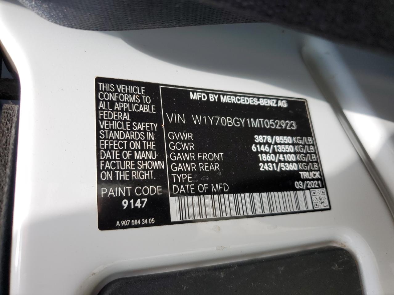 2021 Mercedes-Benz Sprinter 1500 VIN: W1Y70BGY1MT052923 Lot: 61287345
