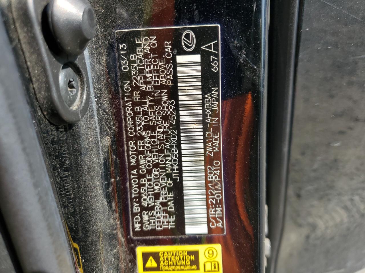 2013 Lexus Ct 200 VIN: JTHKD5BHXD2145293 Lot: 59385205