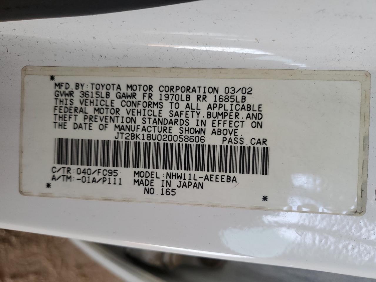 2002 Toyota Prius VIN: JT2BK18U020058606 Lot: 60844325